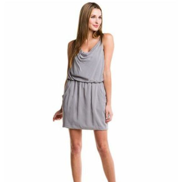 Theory Gray Draped Neck Silk Blend Sleeveless Dress with Pockets Size 6 - Picture 1 of 9